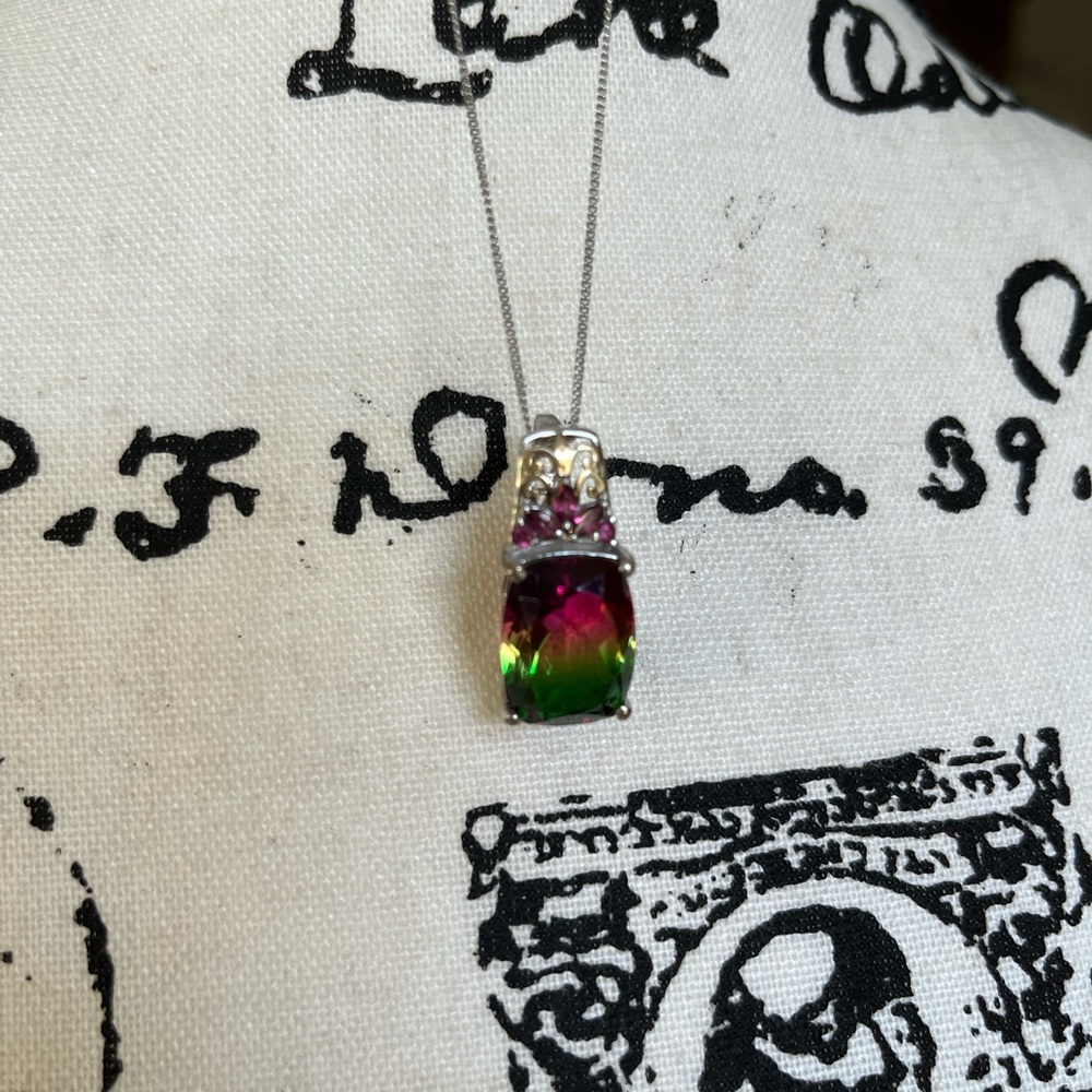 🍉 Watermelon Quartz, Orissa Rhondolite, Garnet Sterling Pendant w/ 20in Chain